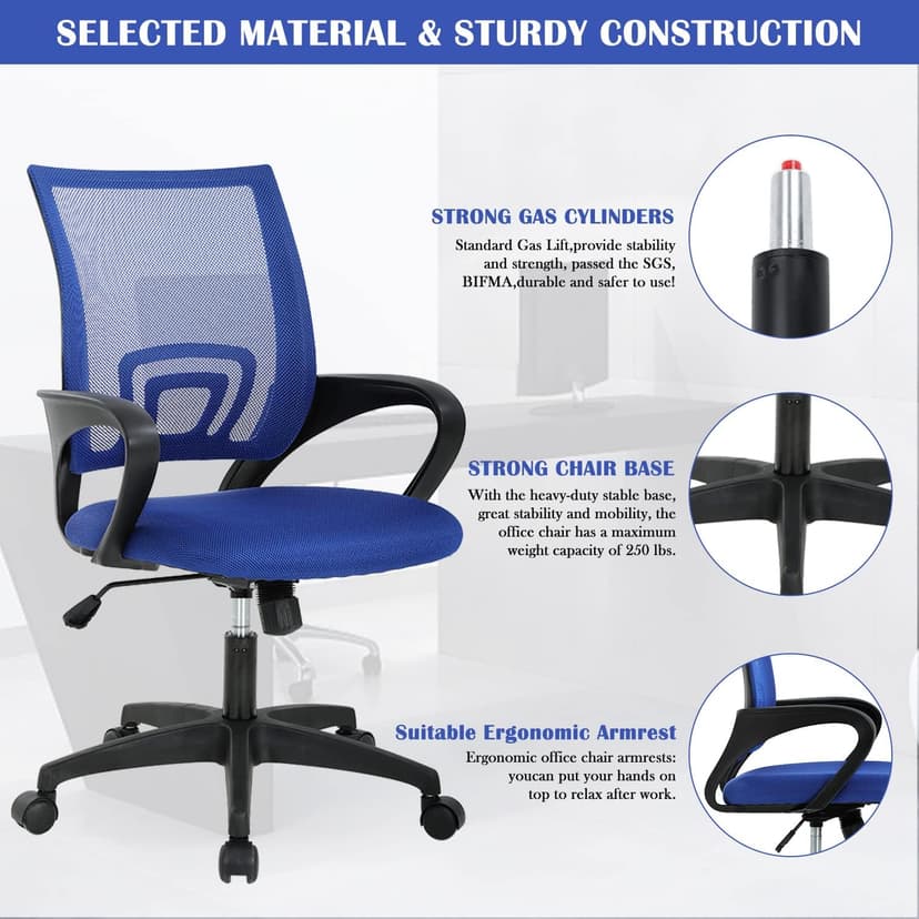 Home Office Chair Desk Chair Computer Chair with Lumbar Support& Armrest, Adjustable Ergonomic Mid Back Task Chair Mesh Rolling Swivel Office Desk Chairs for Bedrooms, Blue