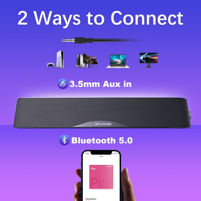 Nylavee Computer Speakers, Hi-Fi Stereo Computer Sound Bar with Bluetooth & 3.5mm Aux, USB/USB-C Powered for Desktop PC, Laptop & Monitor, Built-in Mic and Headphone Jack