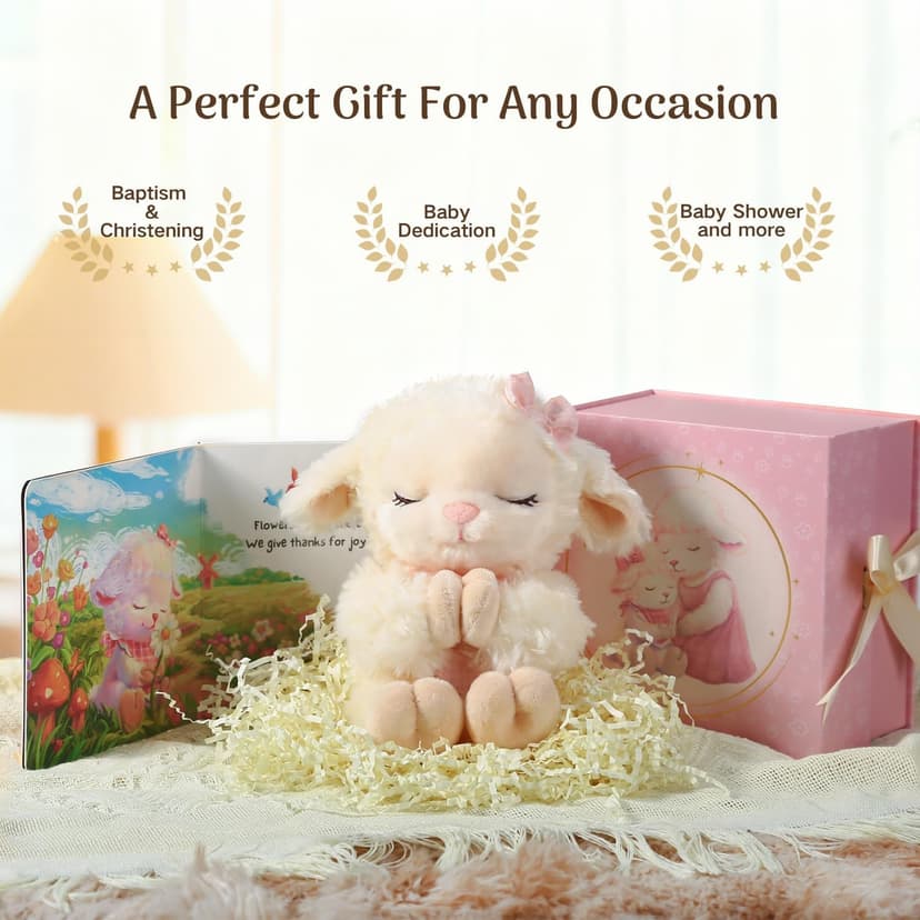 Baptism Gifts for Girl, Catholic Christening, Baby Dedication & Baptismal Gift Set for Baby Girls & Kids - with 9" Musical Praying Lamb Plush Toy & God's Little Blessing Book in Keepsake Box