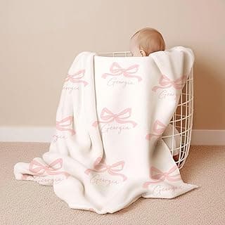 Personalized Baby Blanket with Bow – Custom Name Blanket for Newborn Girl, Soft Coral Fleece Blanket with Custom Bow & Text Color, Keepsake Nursery Blanket