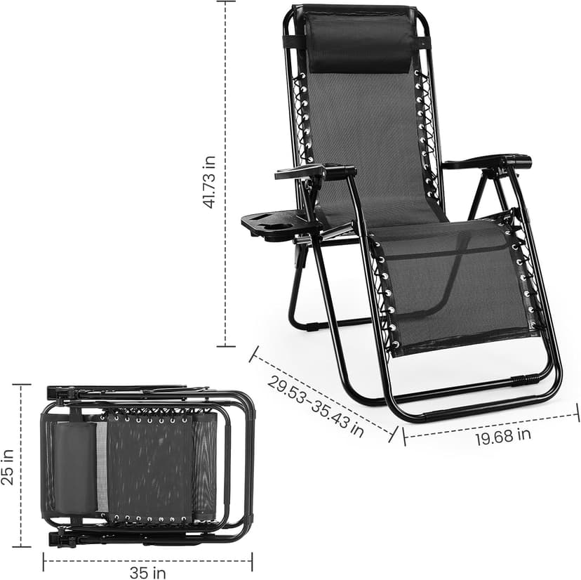 Sweetcrispy Zero Gravity Chairs, Set of 2 Portable Recliner Beach Camping Patio Outdoor Folding Lounge Chair with Cup Holder Trays and Adjustable Pillow for Poolside, Garden, Backyard, Lawn (Black)