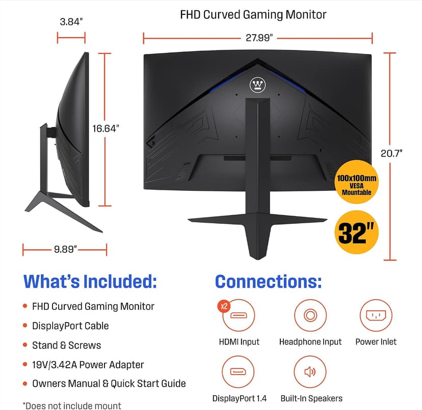 Westinghouse 32 Inch Curved Gaming Monitor, 165Hz, 1ms, FHD 1080P, 3000:1 Contrast Ratio, 118% SRGB, 1500R, AMD FreeSync, Eyecare, for PC Games with Built-in Speakers, DisplayPort, HDMIx2