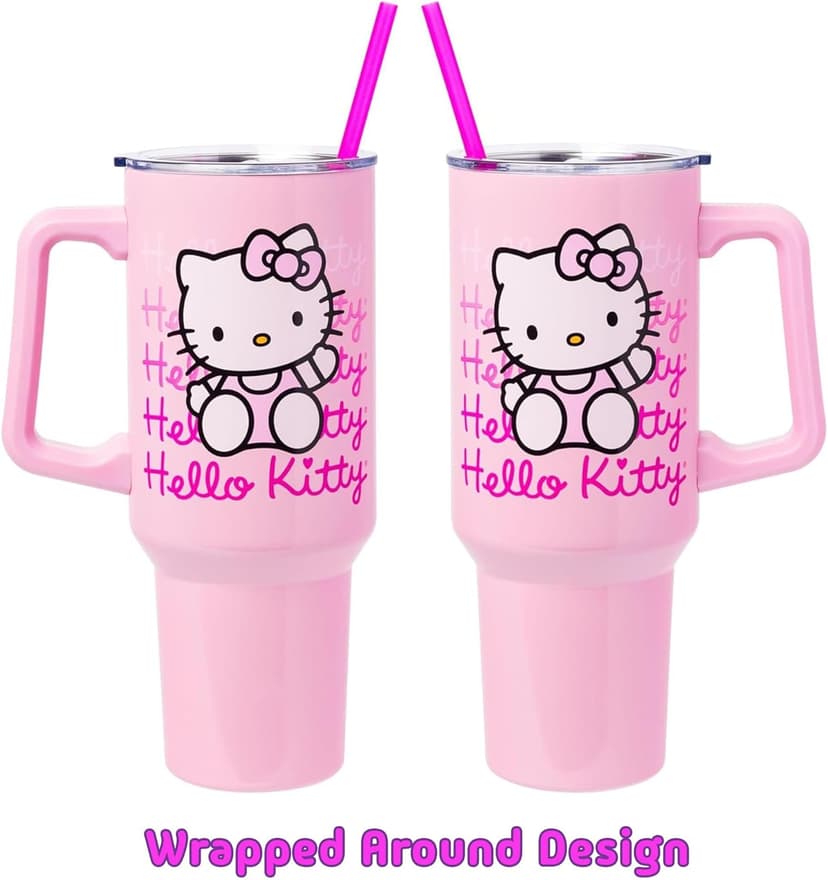 Silver Buffalo Sanrio Hello Kitty Waving Stainless Steel Tumbler with Handle and Straw, Fits in Standard Cup Holder, 40 Ounces