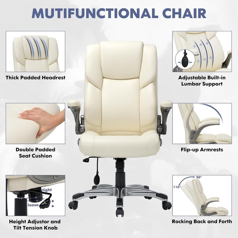 COLAMY High Back Executive Office Chair- Ergonomic Home Computer Desk Leather Chair with Padded Flip-up Arms, Adjustable Tilt Lock, Swivel Rolling Chair for Adult Working Study-Ivory