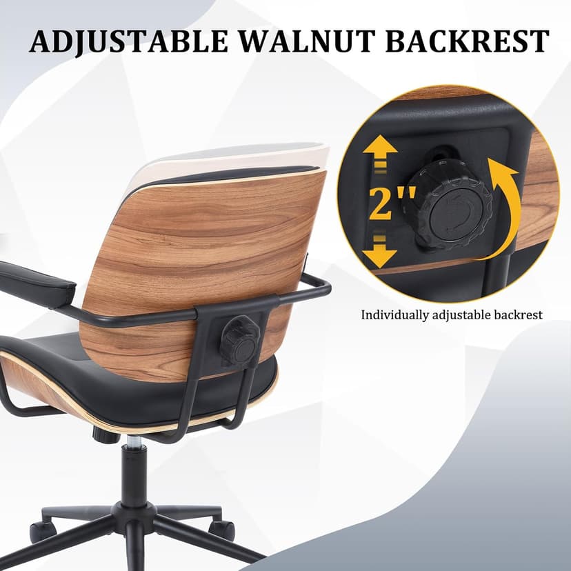 BV BONNE VIE Mid Century Walnut Office Chair with Arms, Adjustable Swivel Desk Chair, Leather Computer Chair with Rolling Wheels for Home Office or Study Room, Black