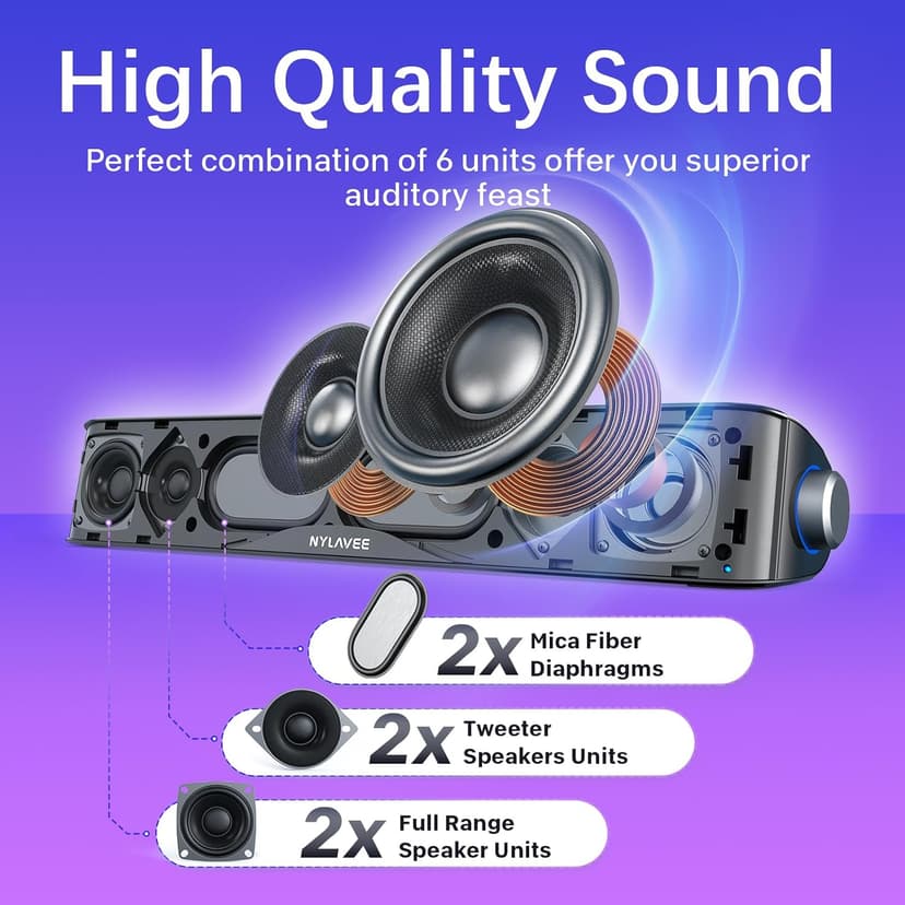 Nylavee Computer Speakers, Hi-Fi Stereo Computer Sound Bar with Bluetooth & 3.5mm Aux, USB/USB-C Powered for Desktop PC, Laptop & Monitor, Built-in Mic and Headphone Jack