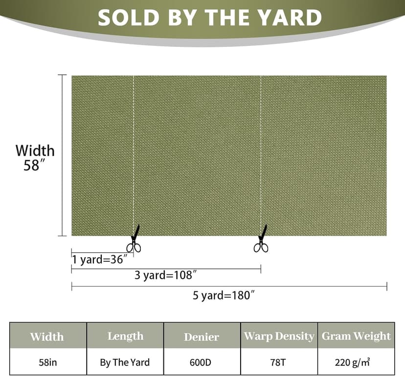 Waterproof Canvas Fabric by The Yard, UV Resistant 600D Outdoor Upholstery Material 58inch Cordura Fabric Water Resistant Fabric for Sewing Chair Patio Cushion Bag Interior, 1 Yard Olive Green