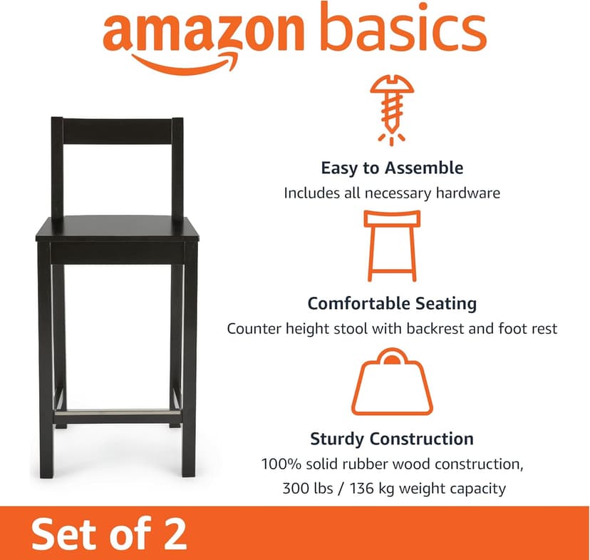 Amazon Basics Wooden Counter Height Bar Stool with Backrest for Kitchen Island, 24", Black, Set of 2