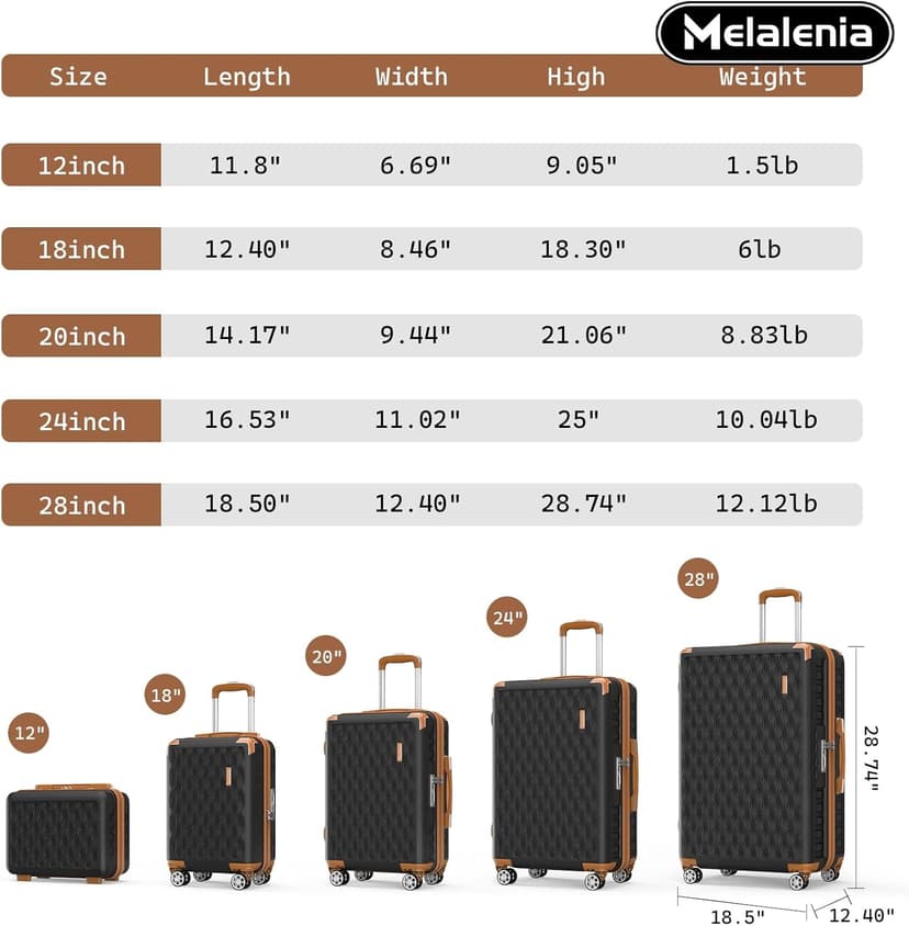Melalenia Luggage Sets 7 Piece Suitcase Set, Hard Shell Carry on Luggage Travel Suitcases with Spinner Wheels and TSA Lock, Lightweight Luggage Set for Women, Black Brown