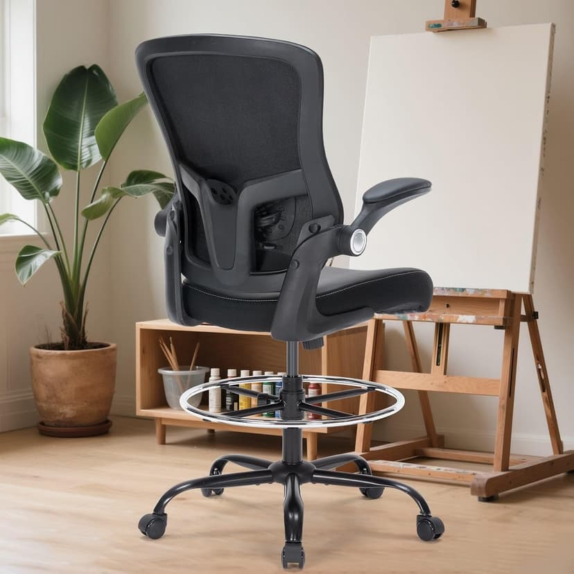 Drafting Chair, Tall Office Chair with PU Leather Seat, Ergonomic Standing Desk Chair with Lumbar Support Counter Height Office Chair with Adjustable Footrest Ring Flip-up Armrests