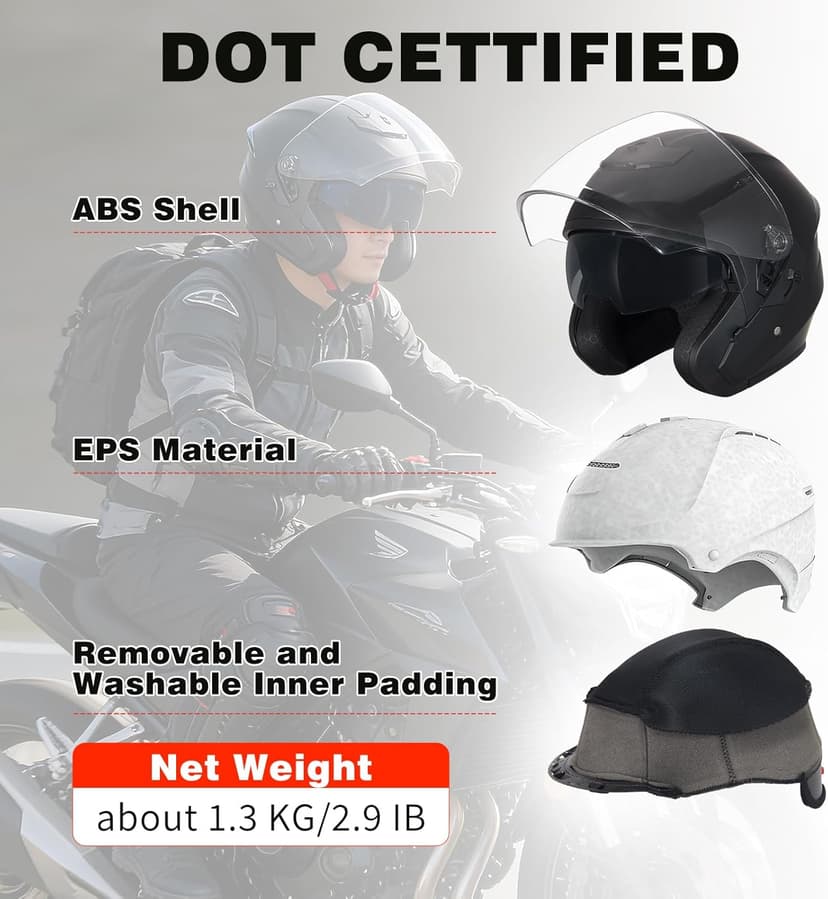 Motorcycle Helmets Open Face for Streey Moped Scooter, Dual Visor 3/4 Moped Helmets for Adults Motorbike Half Helmet 601 DOT Approved Men and Women