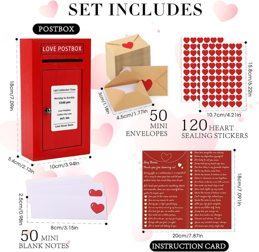 Red Wooden Mailbox, Interactive Opening Door, Cute Christmas Anniversary Valentines Day Gifts for Him Husband Boyfriend Romantic Wooden Love Postbox Set, 50 Mini Love Notes and Envelopes B0DQVG86TF