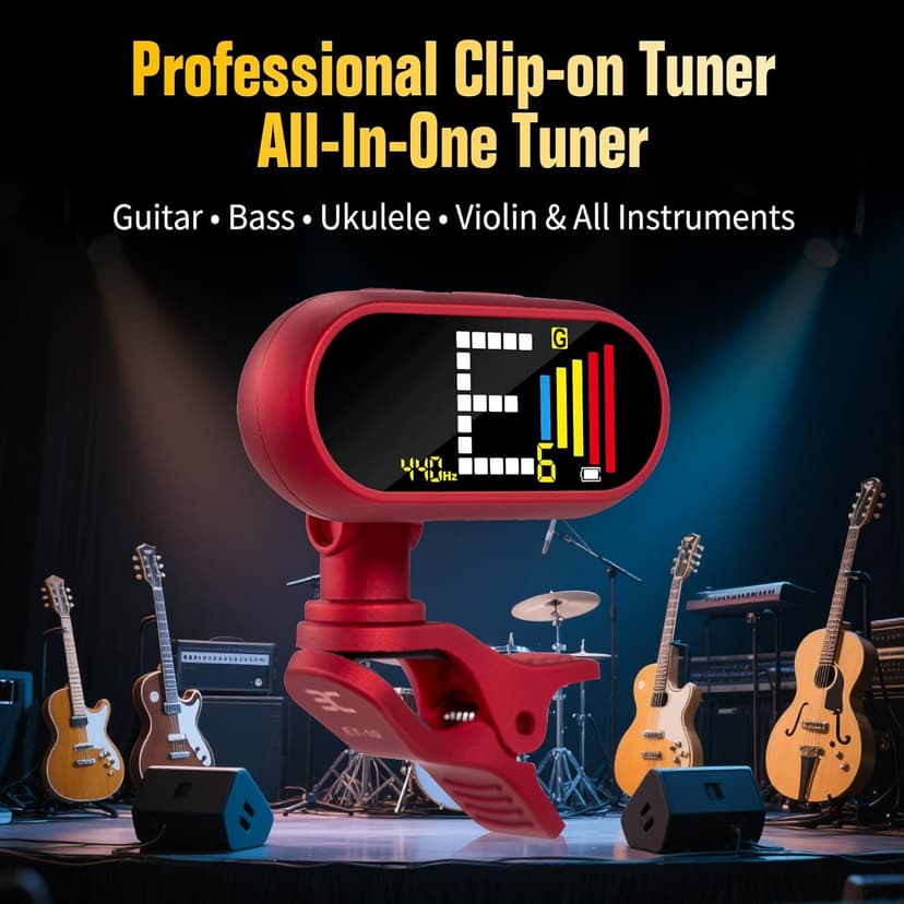 EX Professional Rechargeable Chromatic Clip-On Guitar Tuner — Fast, Ultra-Accurate Clip-On Tuner with Color LCD for Acoustic Guitar, Bass Guitar, Ukulele & Violin, Red