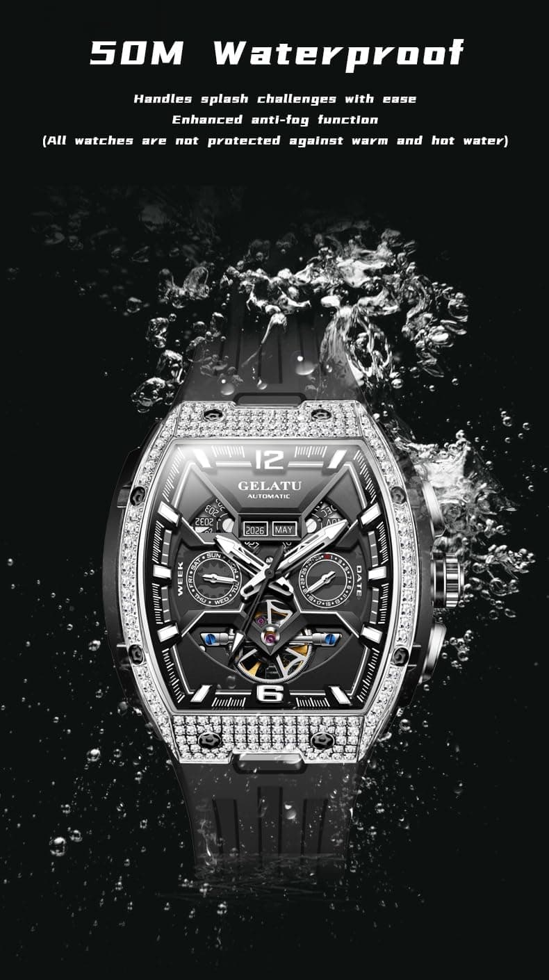 OLEVS GELATU Watch for Men Mechanical Luxury Diamond Watch Skeleton Automatic 50M Waterproof Sapphire Crystal Square Face Multi Calendar Function