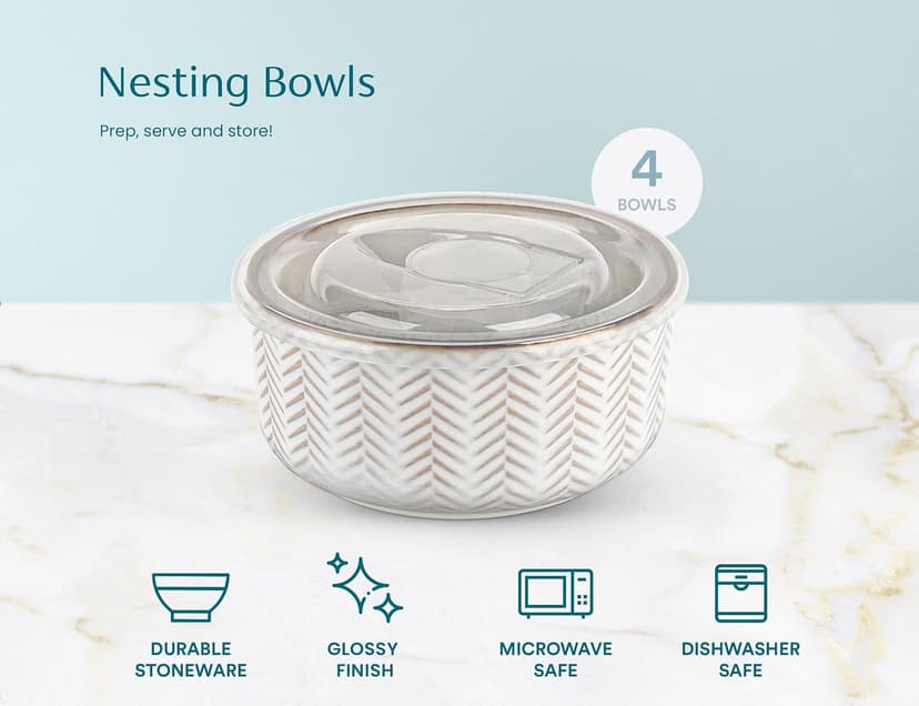 Narbonne Collection, Stackable, For Prep & Serving, 10/17/29/47 oz, Leak-Proof Lids, Steam Vent, Microwave & Dishwasher Safe KooK Ceramic Nesting Bowls with Lids, Embossed Stoneware, Set of 4, Ivory B0BJS6M86W