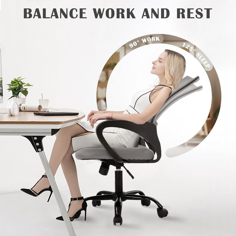 MKDLUFEI Office Chair, Ergonomic Cheap Desk Chair with Lumbar Support, Adjustable Mid Back Task Rolling Swivel for Home Office Student, Adults,Study, Grey