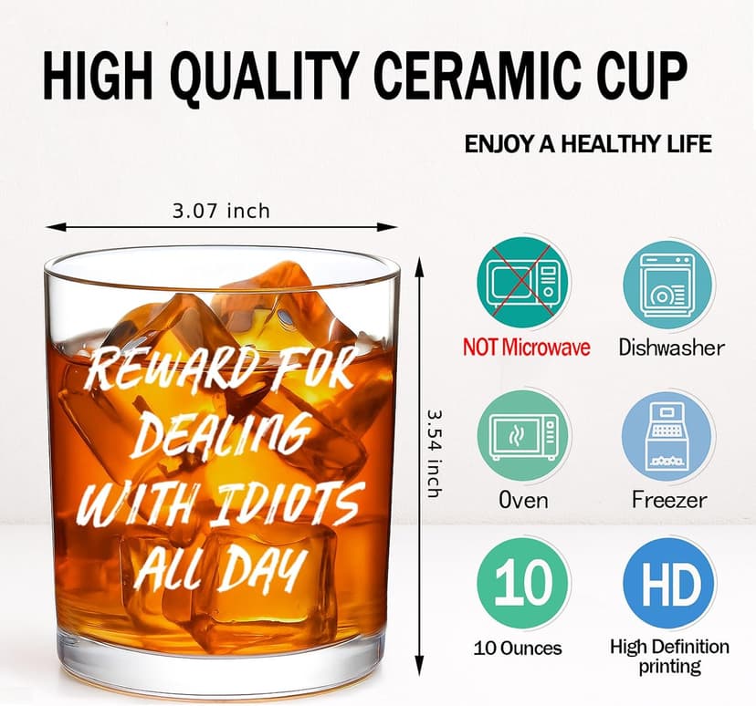 Reward For Dealing With Idiots All Day Whiskey Glass, Funny Gifts for Men Coworker Friend Husband Boss Him Christmas Bosses Day Birthday, 10 OZ Old Fashioned Glass with Gift Box