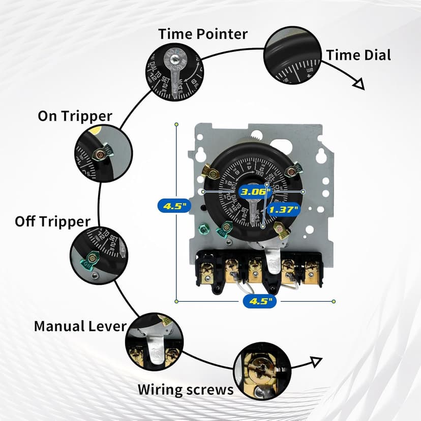 T104M Mechanical Time Switch Mechanism Only, 208-277 VAC DPST 5HP 40A Time Switch, Heavy Duty Electromechanical Timer, 24 Hour 12 ON/Off for Pool Pump HVAC Fans Water Heater Lights