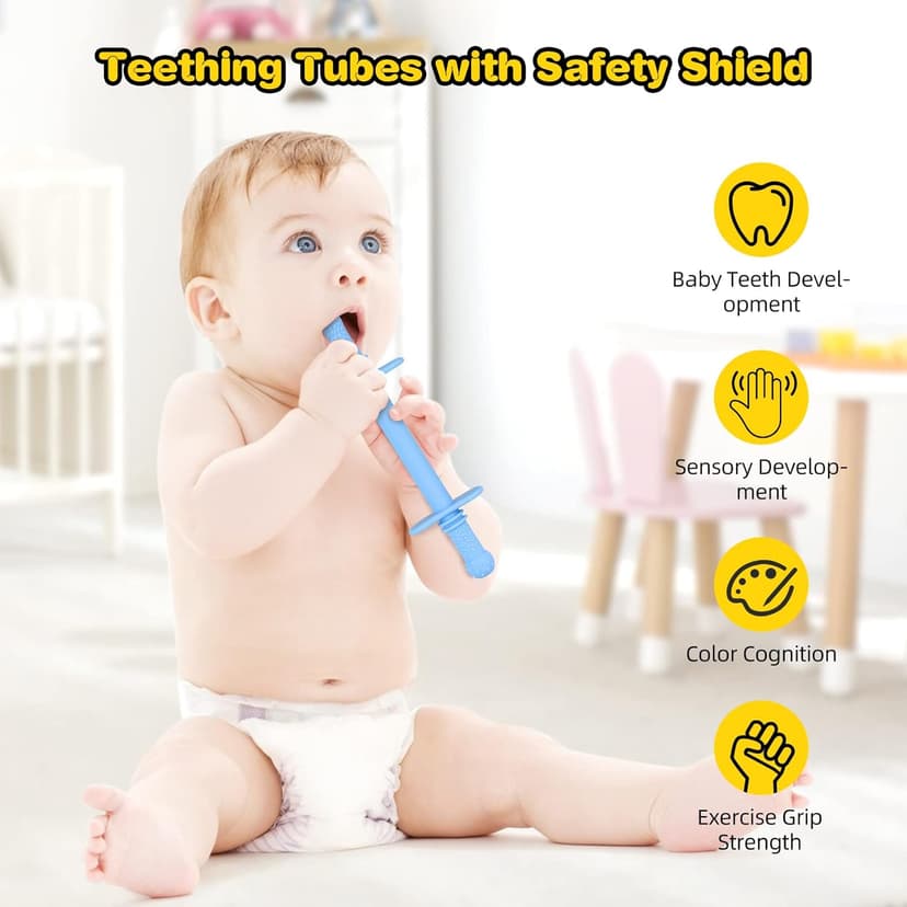 Fu Store Hollow Teether Tube 5PCS Chew Straw Toy for Infant Toddlers Silicone Tubes Teething Toys for Babies 3-12 Months BPA Free/Freezable/Dishwasher and Refrigerator Safe