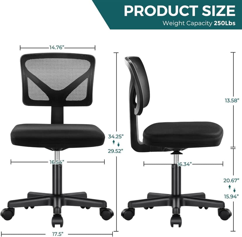 DUMOS Armless Office Chairs with Wheels, Ergonomic Adjustable Home Desk Swivel Rolling Task Chair No Arms, Comfy Mesh Mid Back Computer Work Vanity Desk Chairs for Small Spaces, New Black