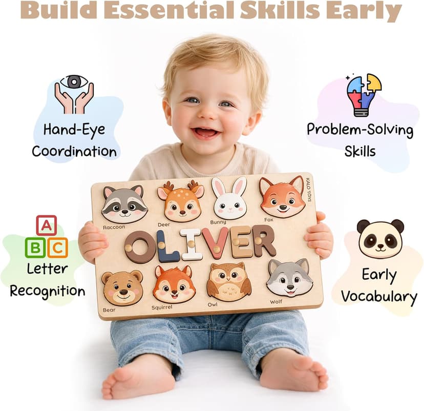 Personalized Name Puzzle for Toddlers 1-3 | Custom Wooden Baby Girl Gift with 48 Animal Art Sets | 1st Birthday Gift for Girls | Personalized Baby Boy & Girl Gifts Keepsake B0GSZSCM69