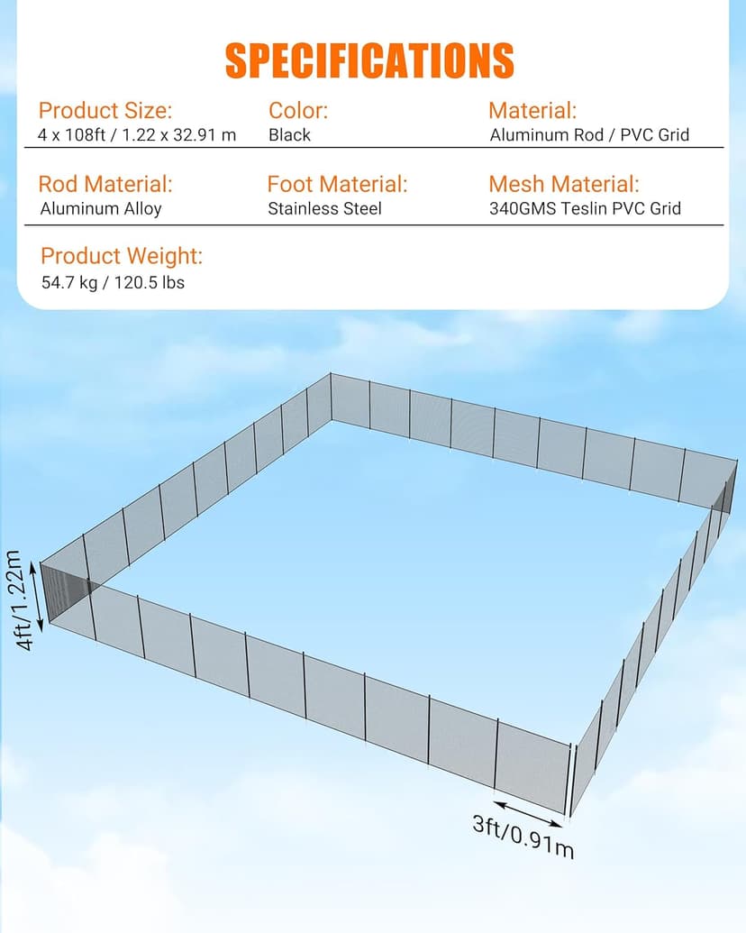 GraveeLife 4 ft x 108 ft Fence for Inground and Above Ground Pool, Mesh Pool Safety Fence with Stainless Steel Feet Outdoor Swimming Backyard Garden Pool Fencing, Black
