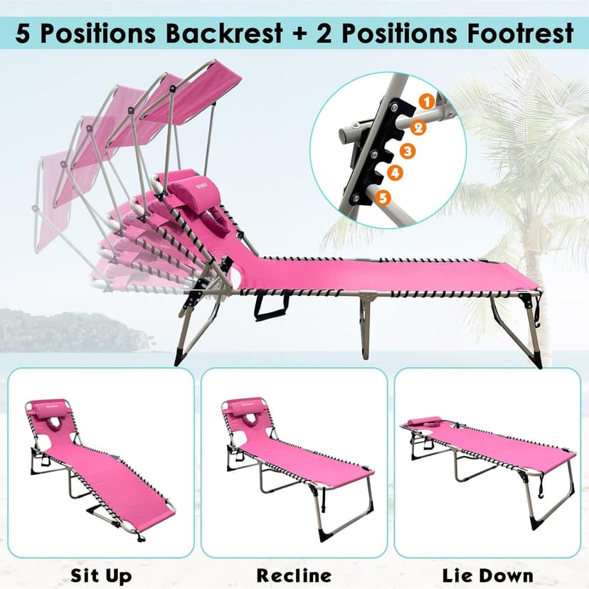 Outdoor Tanning Chair with Sun Canopy Shade & Face Hole, Folding Lounge Chair with Beach Table and Carry Bag for Poolside Sunbathing Lawn