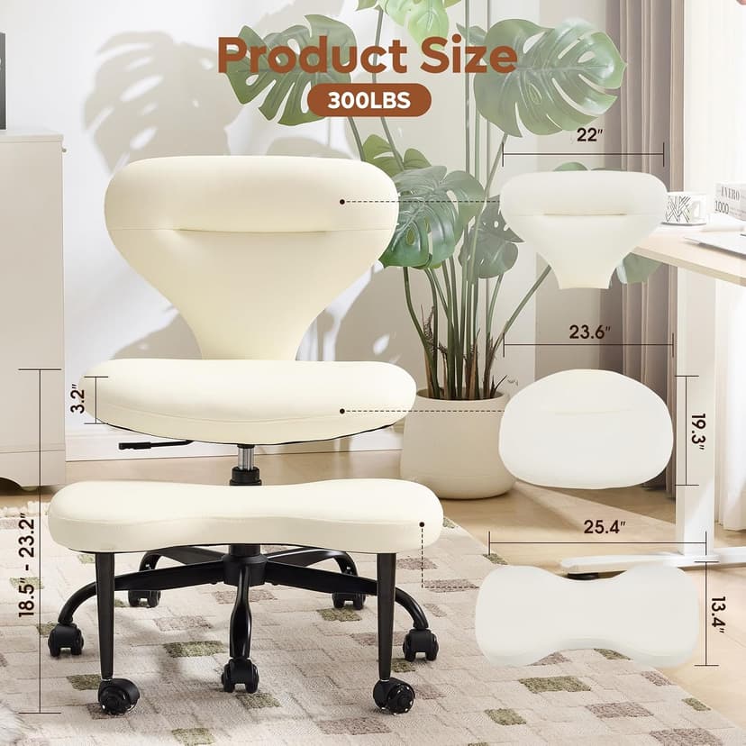 YFO Ergonomic Cross Legged Office Chair and ADHD Meditation Chair with Silent Wheels for Home Office Desk Chair and Yoga, Wider Backrest Support and Storage Pockets Design, PU Leather, Cream