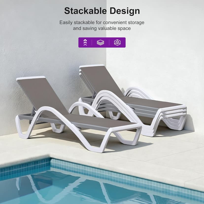 PURPLE LEAF Patio Chaise Lounge Chair Set of 3 Outside Aluminum Plastic Stackable Tanning Chairs with Armrests and Side Table for Pool Sunbathing Beach Deck Outdoor Lounger, Taupe