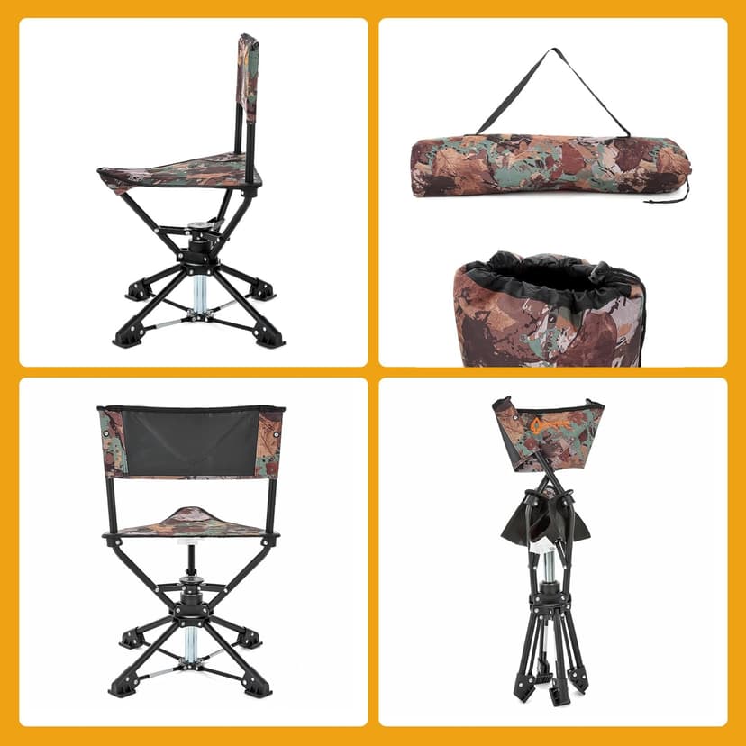 ARROWHEAD OUTDOOR 360° Degree Swivel Hunting Chair Stool Seat, Perfect for Blinds, No Sink Feet, Supports up to 450lbs, Carrying Case, Steel Frame, Fishing, High-Grade 600D Canvas