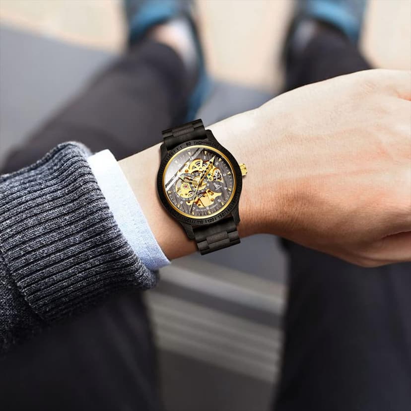 IK COLOURING Men's Watches Luxury Mechanical Wooden Case Skeleton Lumious Automatic Self-Winding Lightweight Genuine Leather Bracelet/Wood Band Wrist Watch