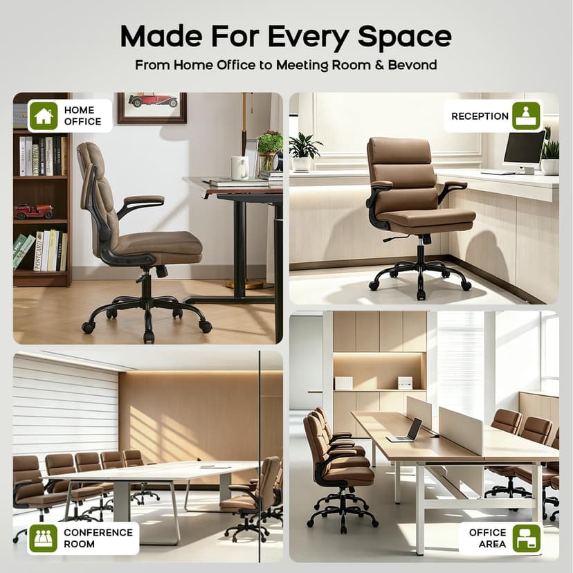 Office Chair Adjustable Desk Chair Mid Back Executive Comfortable Bonded Leather Ergonomic Back Support Home Computer Chairs with Padded Flip-up Armrest Swivel Wheels (Tan)