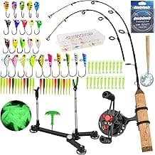 QualyQualy Ice Fishing Rod Reel Combo Complete Set Ice Fishing Gear with Backpack Seat Ice Cleats Ice Fishing Jigs Line Full Ice Fishing Kit 24" 26"