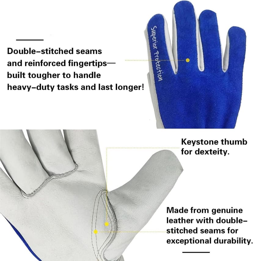 VZT 12 Pairs Bulk Winter Leather Work Gloves for Men or Women for Construction, Wood cutting, Driving, Water Resistant, Keep warm, Soft, Cowhide, Class 4 Abrasion Resistant, Blue-White, XL