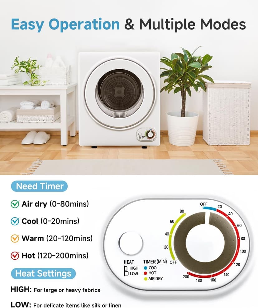 Feelfunn 110V Portable Dryer – 850W Compact Clothes Dryer with 4 Automatic Drying Modes, Stainless Steel Tub, Simple Control Knob for Apartments, Dorms & Small Spaces