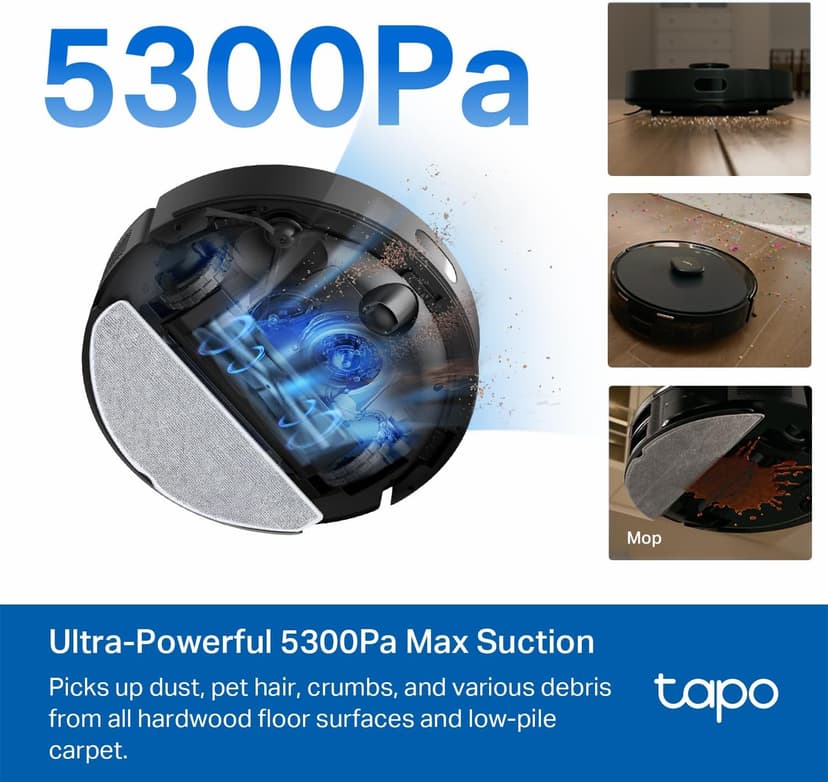 Tapo LiDAR Smart Navigation Robot Vacuum and Mop with Self-Emptying Dock, 5300Pa Max, 97%+ Dust Pickup Rate, Customizable Cleaning, Self-Charging, Compatible with Alexa & Google Home, RV30 Max Plus