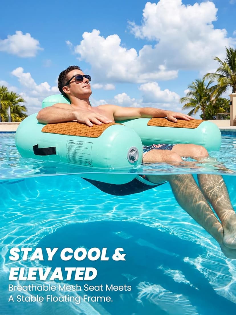Zeraty Heavy Duty Double-Sided PVC Scrim Floating Chair Inflatable Pool Lounger for Adults, Premium Water Hammock with Cooling Mesh & EVA Armrests, Sunbathing Tanning Float for Lake Beach (300 Lbs)