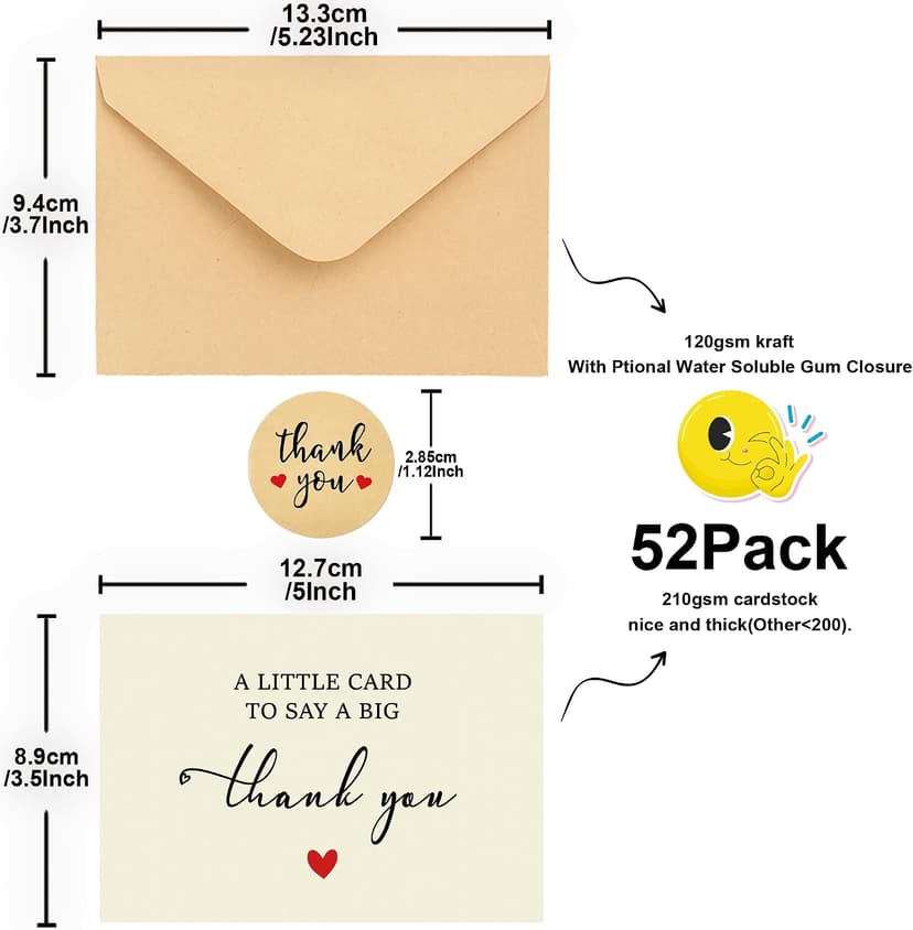 52 Pack 210GSM | Thank You Cards | Thank You Cards & Notes with Envelopes | Pefect for Baby Shower, Wedding, Teacher, Graduation, Business, Holiday, and Christmas | Teacher Appreciation Gifts B0D79LRWXP