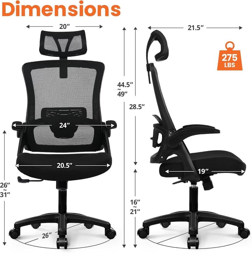NEO CHAIR Office Desk Chair Gaming Computer High Back Support Mesh Comfy Seat with Adjustable Ergonomic Headrest Lumbar Rolling Flip-up Armrests and Wheels (Black)