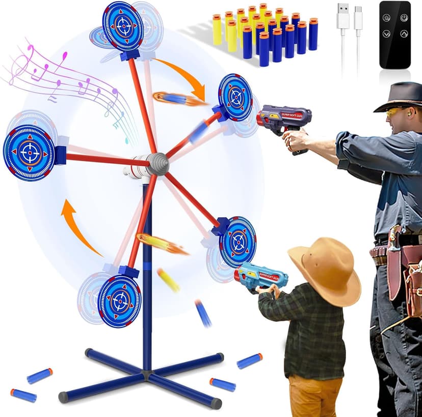 Rocket Shooting Games Toys with Rotating Target 2 Toy Guns 20 Foam Darts Kids Outdoor Toys for Boys Age 5 6 7 8 9 10+ Year Old Carnival Games Compatible with Nerf Guns