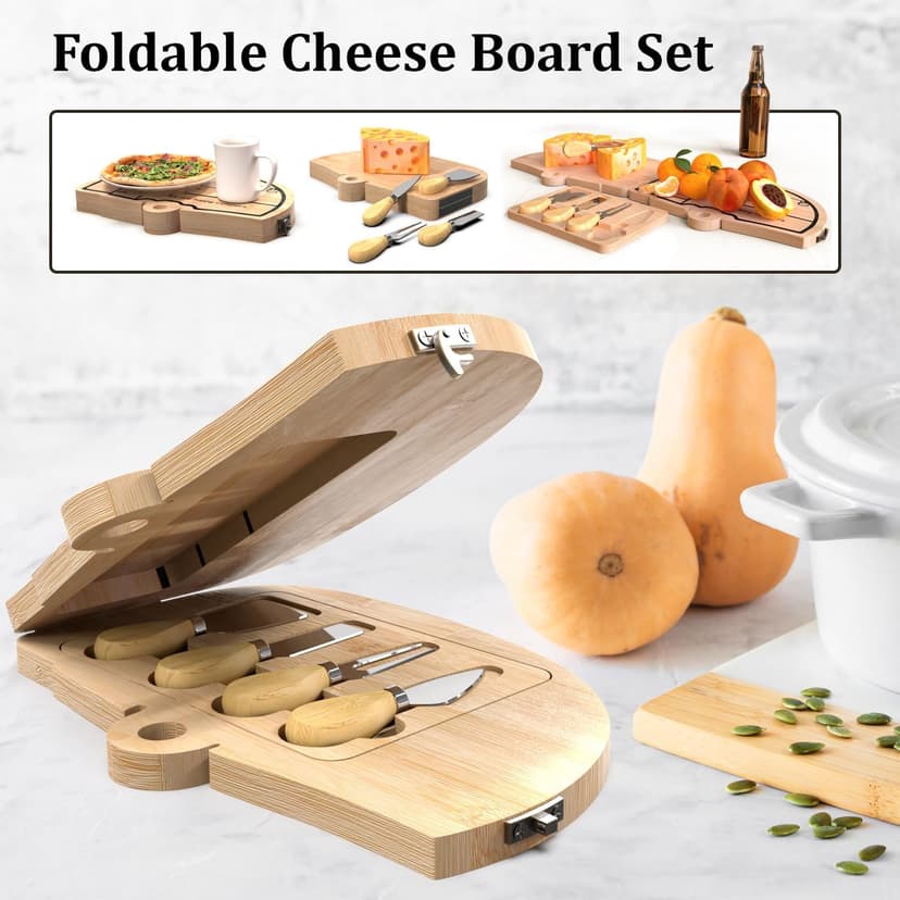Unique Cheese Cutting Board Gift Set for Mom, House Warming, Wedding Gifts for Couples Bamboo Charcuterie Board Set - Foldable Serving Tray with Utensils B0C741CVFV