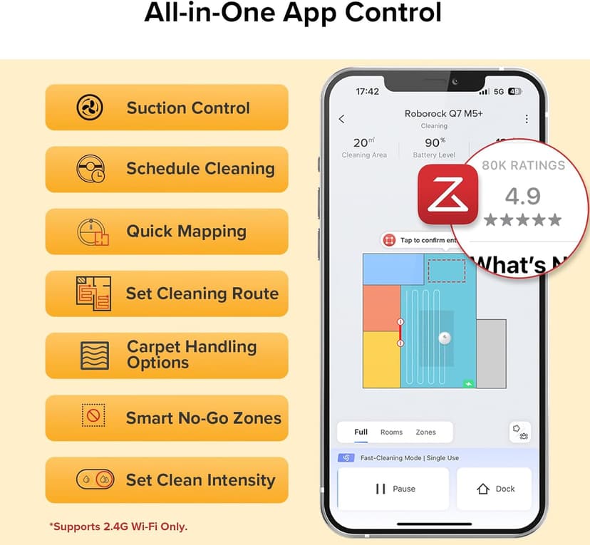 roborock Q7 M5+ Robot Vacuum and Mop, Upgraded from Q5 Max+, Up to 7-9 Weeks Self-Empty, 10000Pa Suction, Dual Anti-Tangle System for Pet Hair & Carpet, PreciSense LiDAR Navigation, App Control, White