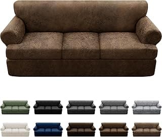 Pfrstuv 4-Piece T Couch Cover - Leather Look Slipcovers for 3 Cushion Sofa, Brown