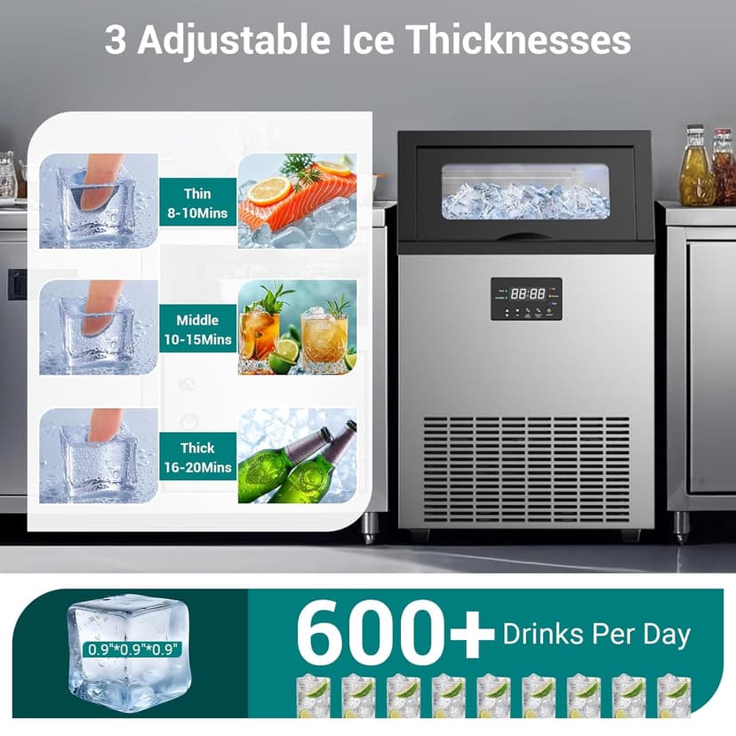 ETL Approval Commercial Ice Maker Machine 150 Lbs/24H Stainless Steel, with 50Lbs Bin, Under Counter or Freestanding Ice Maker, 55 Ice Cubes in 8-15 Minutes for Home & Commercial