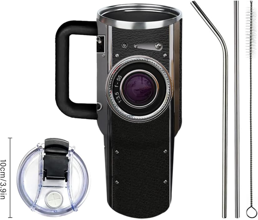 Photographer Gifts for Women Men Tumbler with Handle Straws 40oz Photography Lovers Camera Lens Coffee Cup Mugs, Cool Photographers Birthday Christmas Gifts