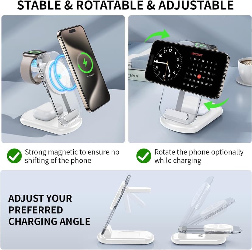2026 Traveling Wireless Mag-Safe Fast Charging Station,Magnetic 3 in 1 Charger with Light for iPhone 17 16 15 14 13 12 Pro Max Plus,Apple Watch& Air pods 4 3 2 Pro-Gifts for Wife & Husband(White)