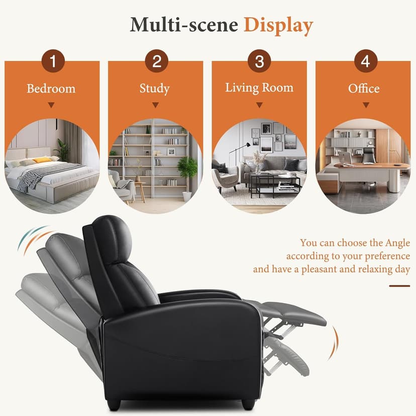 Sweetcrispy Recliner Chair PU Leather Recliner Sofa No Massage, Home Theater Seating with Lumbar Support, Adjustable Push Back Overstuffed High-Density Sponge Reclining for Living Room, Black