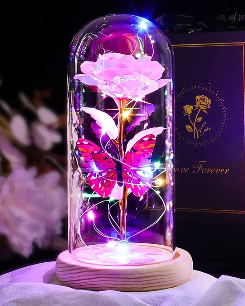 Beferr Christmas Rose Gifts for Women Mom Birthday Gifts, Galaxy Glass Rose Forever Preserved Flowers for Delivery Prime Light Up Rose in Glass Dome with Butterfly Xmas Gifts for Grandma Her Wife
