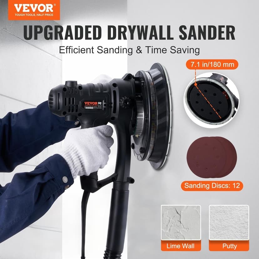 VEVOR Drywall Sander, 800W Electric Sander with 12 Sanding Discs, Variable Speed 1200-2300 RPM Wall Sander with Automatic Vacuum Dust Collection System, Double LED Lights, Dust Bag, Detachable Edge