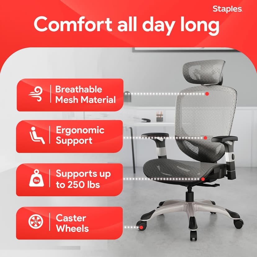 STAPLES Ergonomic Task Chair, Mesh, Ergonomic, Lumbar Support, Swivel, Gray